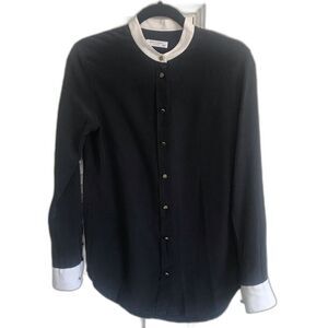 Equipment Silk Blouse Navy Blue with White Mandarin Collar Gold Buttons Size XS